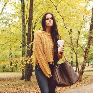 Vici Mustard Yellow Cable Knit Distressed Sweater